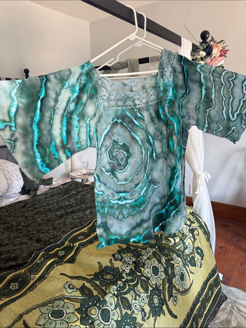 NY Collection Teal and Seafoam Lace-Trim Blouse